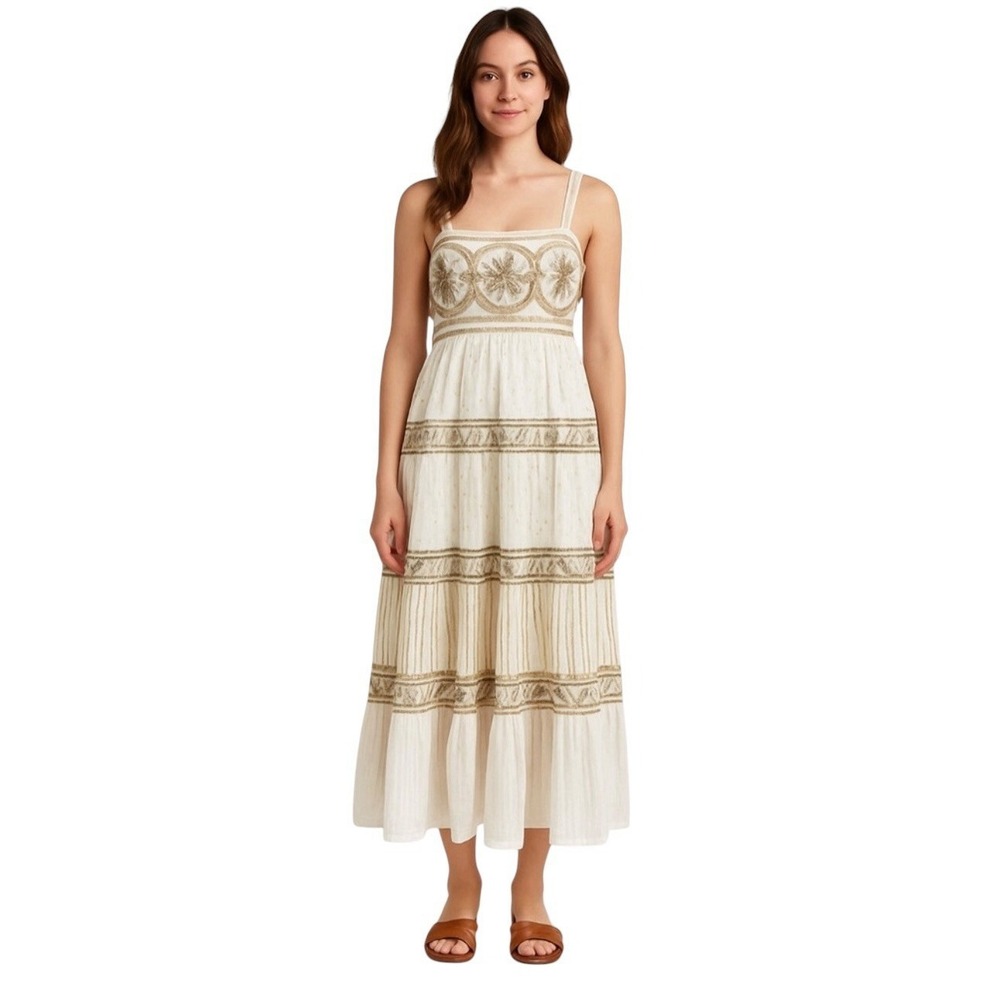 Naoo Ivory Gold Cotton Maxi Dress M Smocked Eyelet Lurex Boho Cottagecore